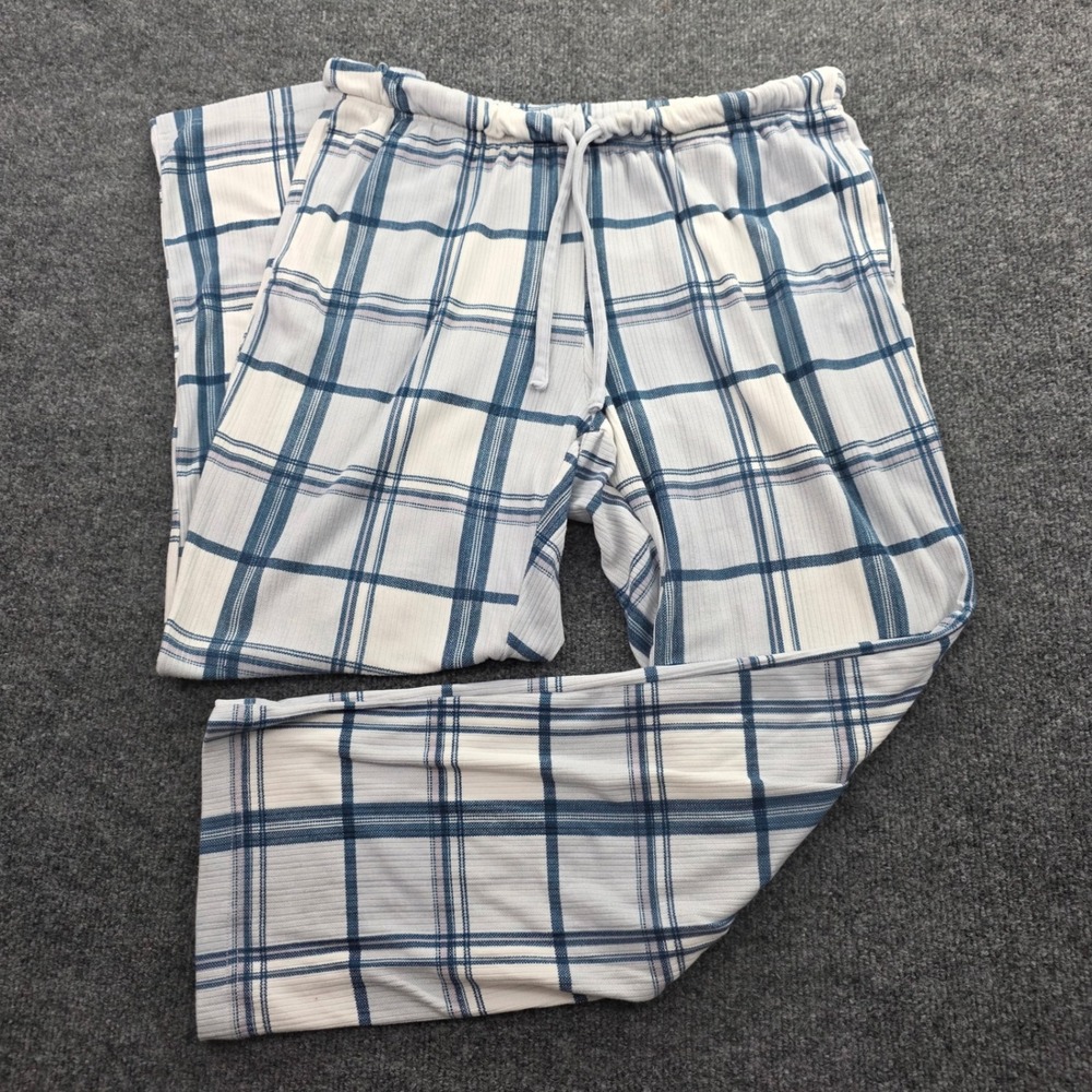 Tahari Pajama Pants Blue White Plaid Ribbed Knit Lounge Sleep Bottoms Large Mens